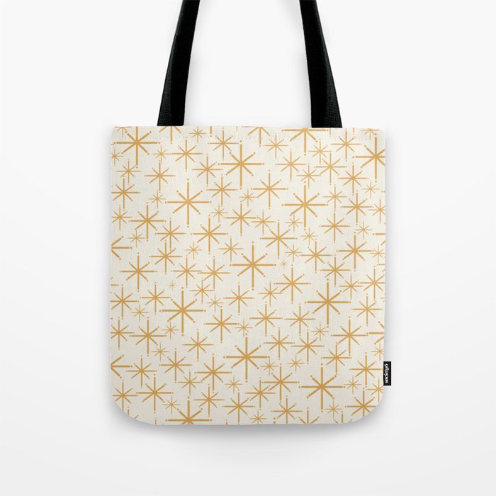 Twinkling Mid Century Modern Starburst Pattern Cream and Muted Mustard Gold Tote Bag Gallery Image 1
