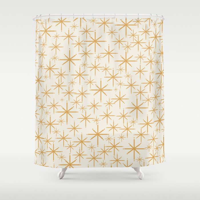 Twinkling Mid Century Modern Starburst Pattern Cream and Muted Mustard Gold Shower Curtain Gallery Image 1
