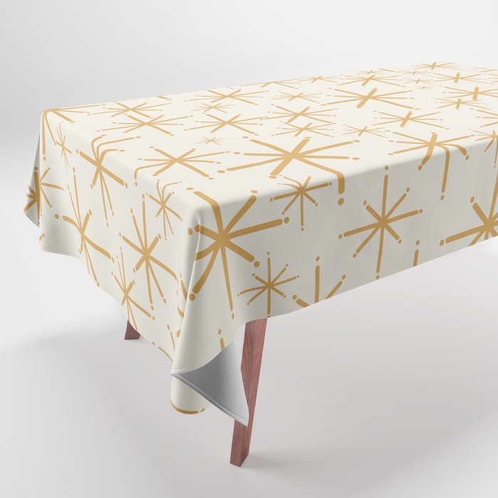 Twinkling Mid Century Modern Starburst Pattern Cream and Muted Mustard Gold Tablecloth Gallery Image 1