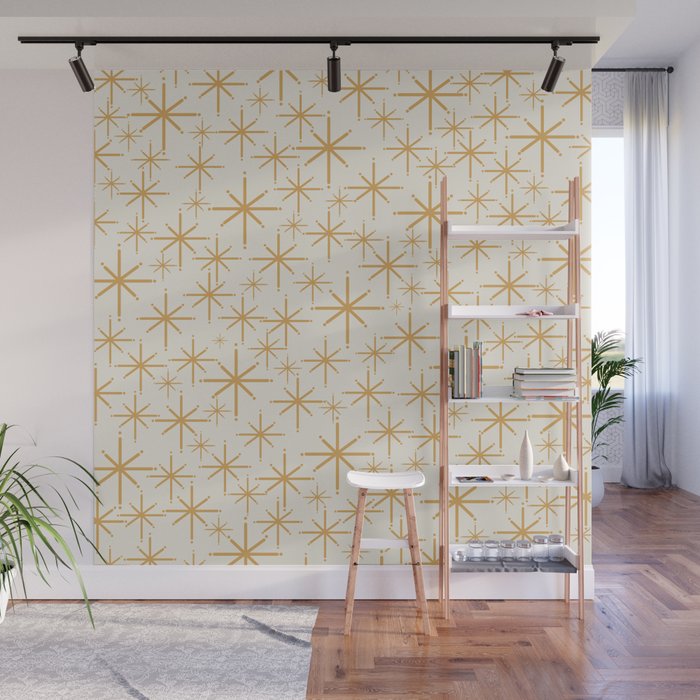 Twinkling Mid Century Modern Starburst Pattern Cream and Muted Mustard Gold Wall Mural Gallery Image 1
