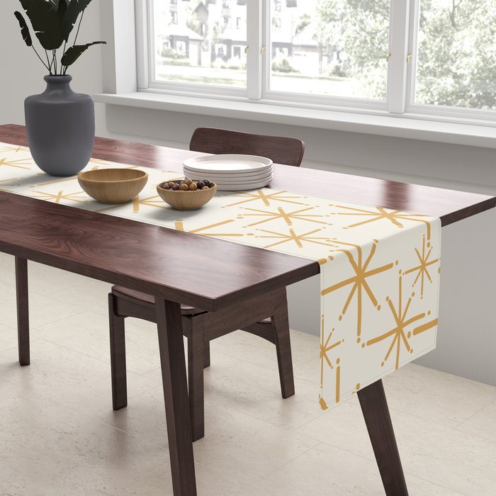 Twinkling Mid Century Modern Starburst Pattern Cream and Muted Mustard Gold Table Runner Gallery Image 2