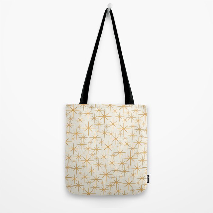 Twinkling Mid Century Modern Starburst Pattern Cream and Muted Mustard Gold Tote Bag Gallery Image 2