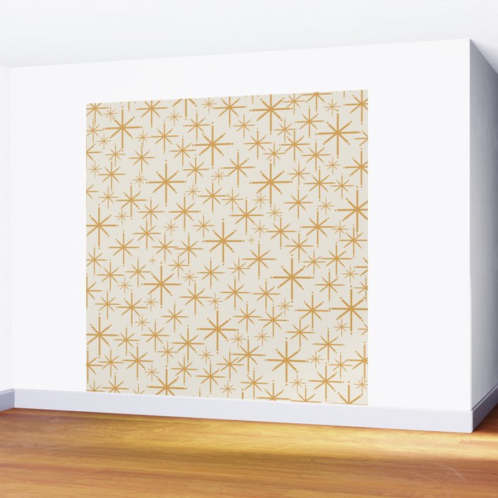 Twinkling Mid Century Modern Starburst Pattern Cream and Muted Mustard Gold Wall Mural Gallery Image 2