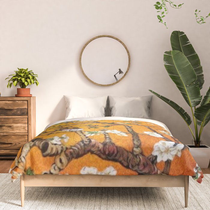 Vincent van Gogh Blossoming Almond Tree (Almond Blossoms) Orange Sky Comforter Gallery Image 3