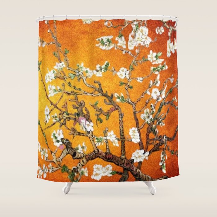 Vincent van Gogh Blossoming Almond Tree (Almond Blossoms) Orange Sky Shower Curtain Gallery Image 1