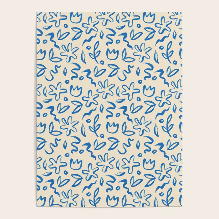 Organic Blue floral nature art doodle pattern Poster Gallery Image 1