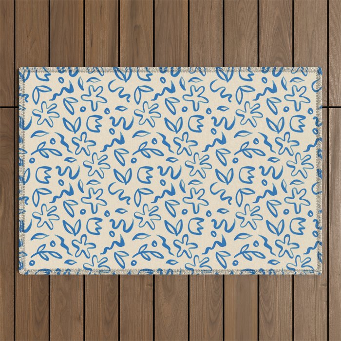 Organic Blue floral nature art doodle pattern Outdoor Rug Gallery Image 1