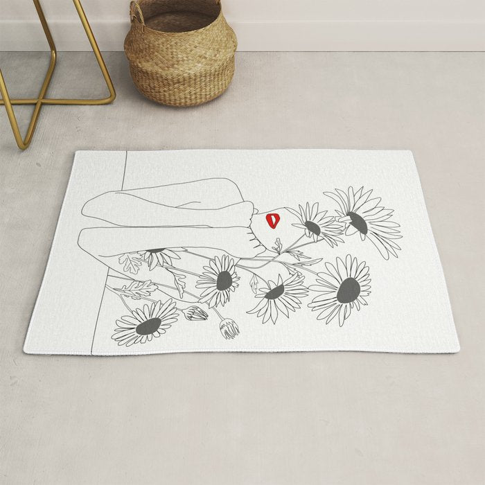 Minimal Line Art Girl with Sunflowers Rug Gallery Image 1