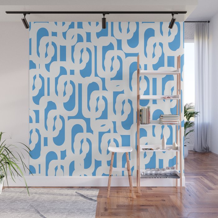 Mid Century Modern Loops Pop Blue and White Pattern Wall Mural Gallery Image 1