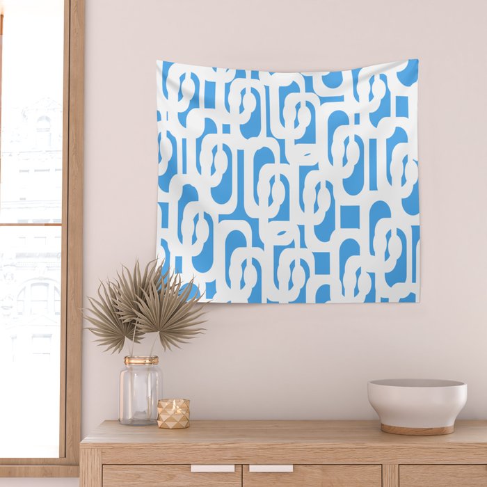 Mid Century Modern Loops Pop Blue and White Pattern Wall Tapestry Gallery Image 2