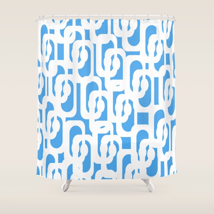 Mid Century Modern Loops Pop Blue and White Pattern Shower Curtain Gallery Image 1