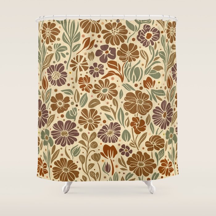 Eternal Summer Block Print Countryside Vibes Flower Earth Tones Shower Curtain Gallery Image 1