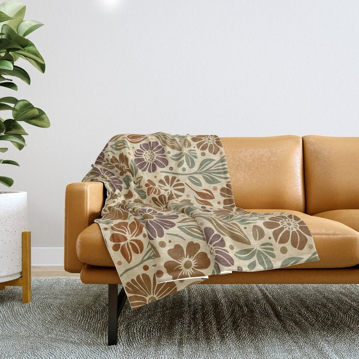 Eternal Summer Block Print Countryside Vibes Flower Earth Tones Throw Blanket Gallery Image 1