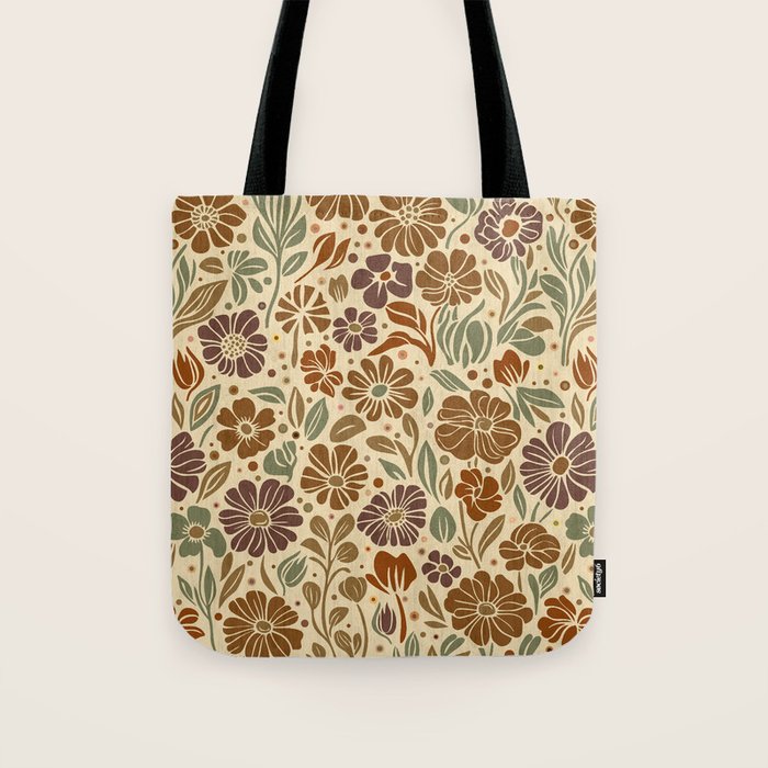 Eternal Summer Block Print Countryside Vibes Flower Earth Tones Tote Bag Gallery Image 1