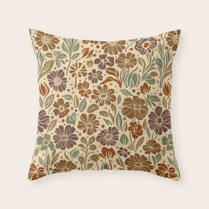 Eternal Summer Block Print Countryside Vibes Flower Earth Tones Throw Pillow Gallery Image 1