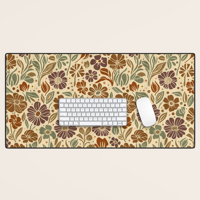 Eternal Summer Block Print Countryside Vibes Flower Earth Tones Desk Mat Gallery Image 1