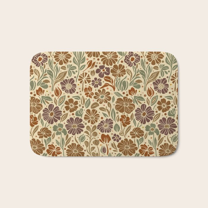 Eternal Summer Block Print Countryside Vibes Flower Earth Tones Bath Mat Gallery Image 1
