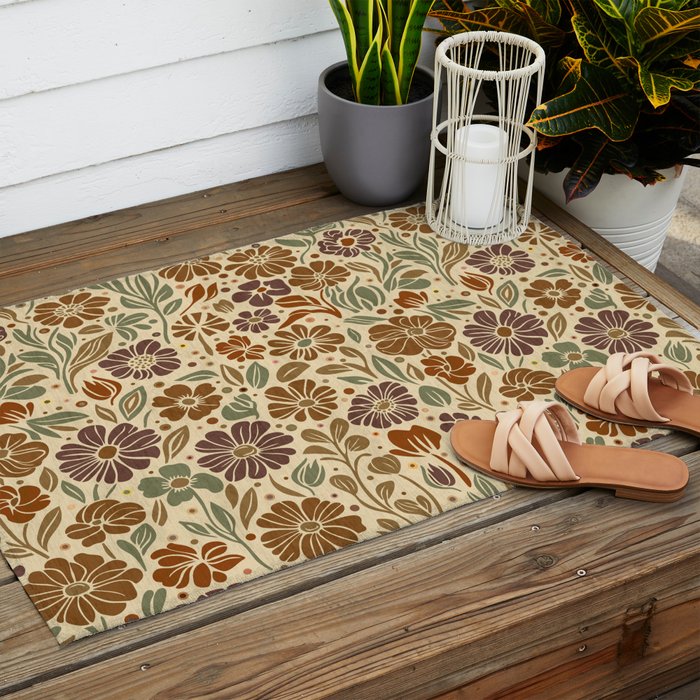 Eternal Summer Block Print Countryside Vibes Flower Earth Tones Outdoor Rug Gallery Image 2