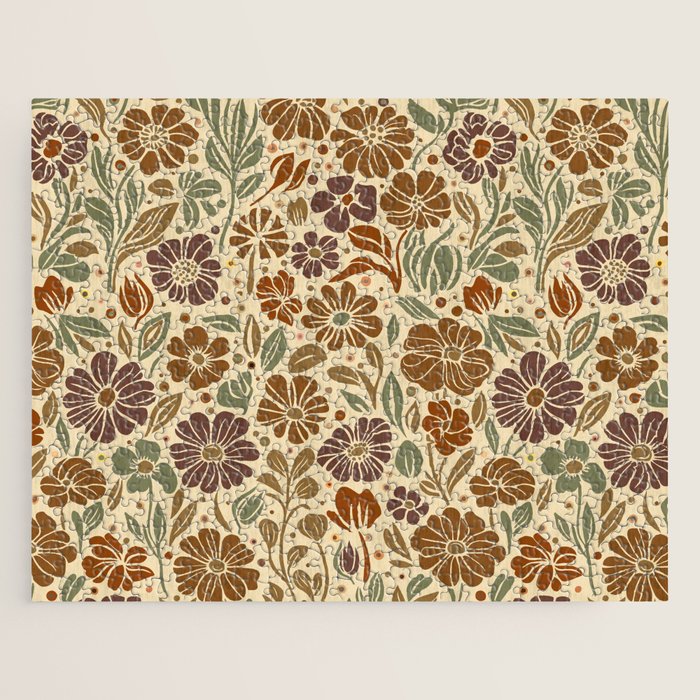 Eternal Summer Block Print Countryside Vibes Flower Earth Tones Jigsaw Puzzle Gallery Image 1