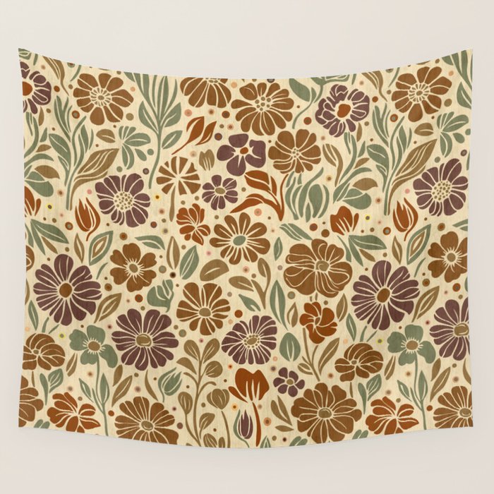 Eternal Summer Block Print Countryside Vibes Flower Earth Tones Wall Tapestry Gallery Image 1