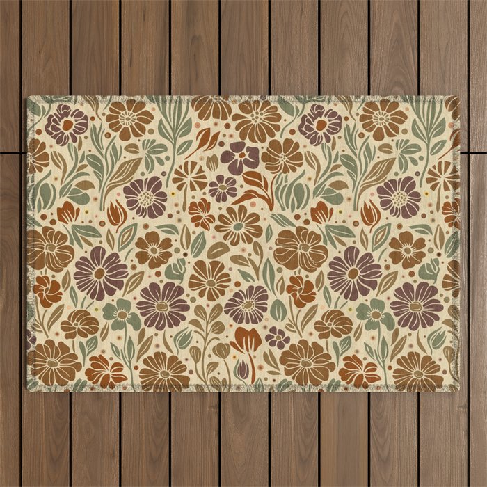 Eternal Summer Block Print Countryside Vibes Flower Earth Tones Outdoor Rug Gallery Image 1