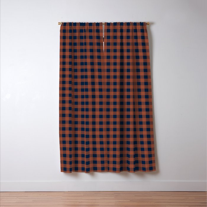 Gingham Check Dark Plaid Pattern in Navy Blue and Burnt Orange Window Curtain Gallery Image 3