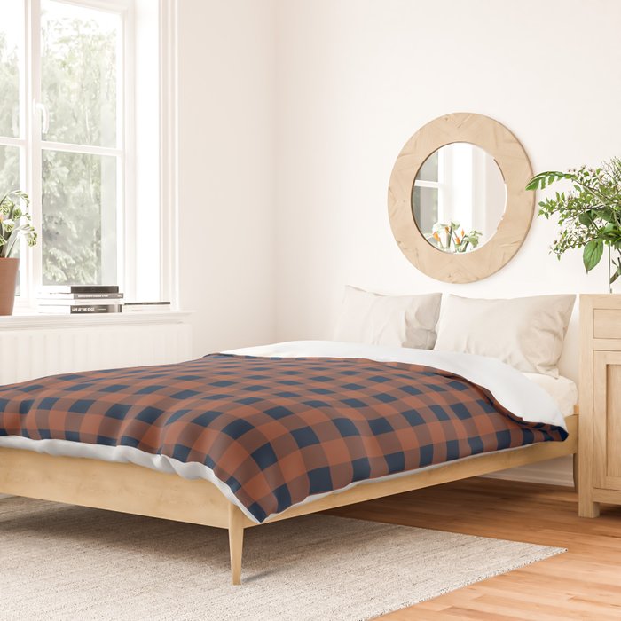 Gingham Check Dark Plaid Pattern in Navy Blue and Burnt Orange Duvet Cover Gallery Image 2