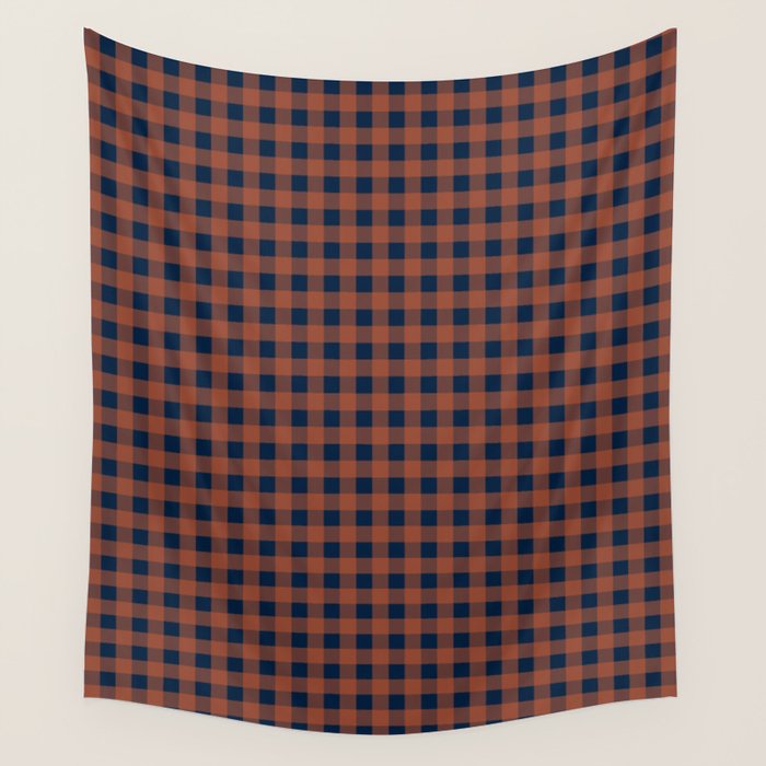 Gingham Check Dark Plaid Pattern in Navy Blue and Burnt Orange Wall Tapestry Gallery Image 1