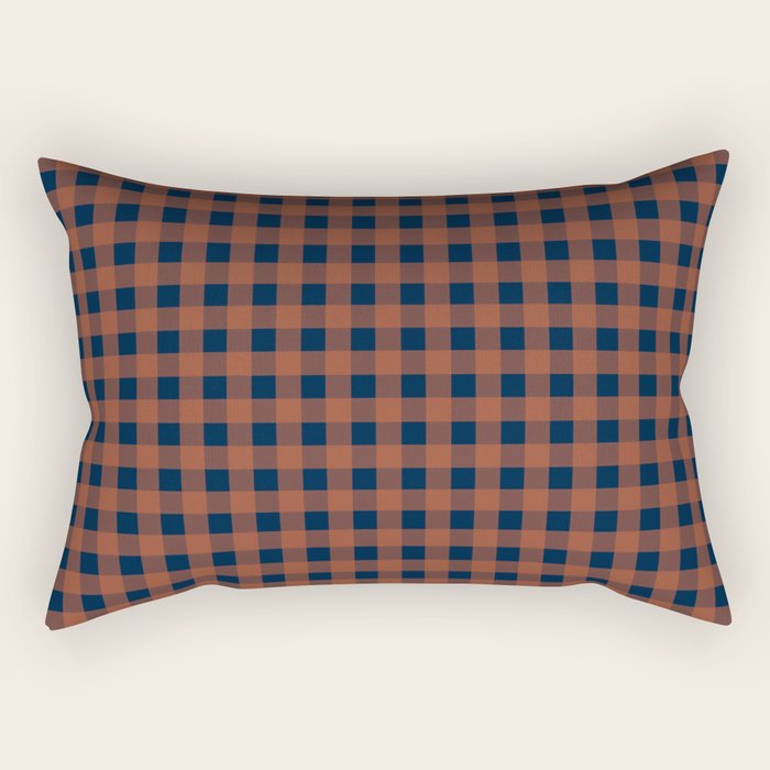 Gingham Check Dark Plaid Pattern in Navy Blue and Burnt Orange Rectangular Pillow Gallery Image 1