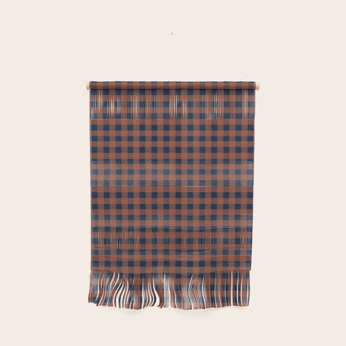 Gingham Check Dark Plaid Pattern in Navy Blue and Burnt Orange Wall Hanging Gallery Image 1