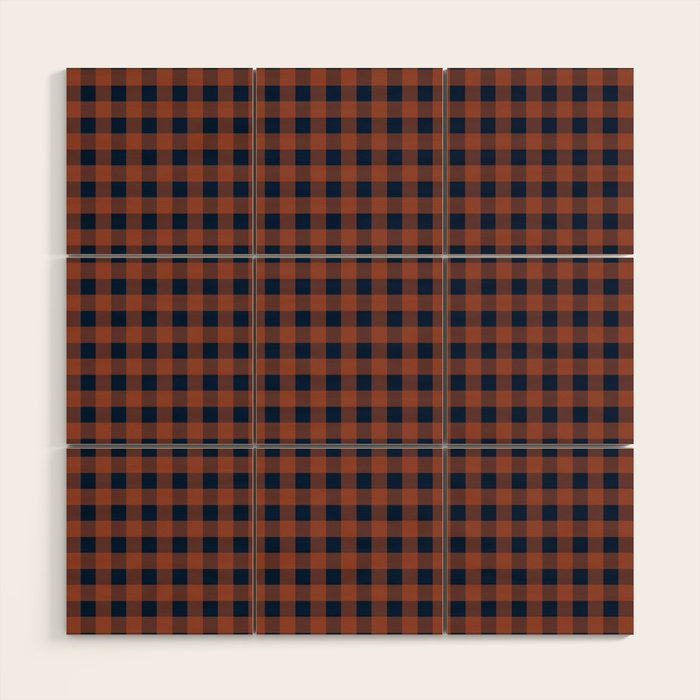 Gingham Check Dark Plaid Pattern in Navy Blue and Burnt Orange Wood Wall Art Gallery Image 1