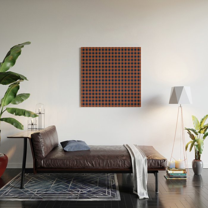 Gingham Check Dark Plaid Pattern in Navy Blue and Burnt Orange Wood Wall Art Gallery Image 2