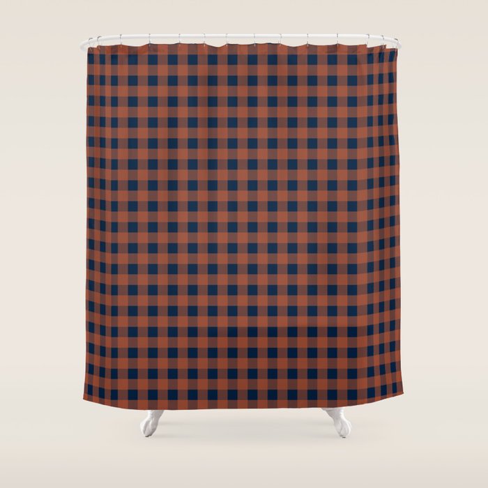 Gingham Check Dark Plaid Pattern in Navy Blue and Burnt Orange Shower Curtain Gallery Image 1