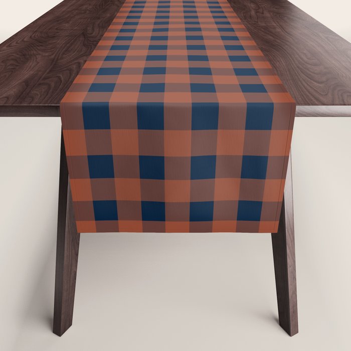 Gingham Check Dark Plaid Pattern in Navy Blue and Burnt Orange Table Runner Gallery Image 1