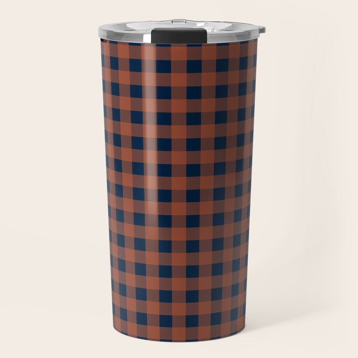 Gingham Check Dark Plaid Pattern in Navy Blue and Burnt Orange Travel Mug Gallery Image 1