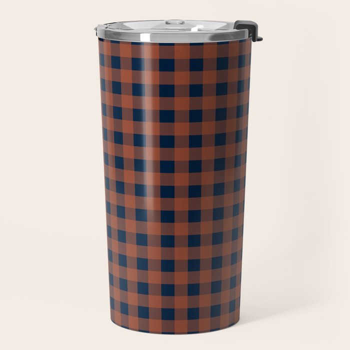 Gingham Check Dark Plaid Pattern in Navy Blue and Burnt Orange Travel Mug Gallery Image 2