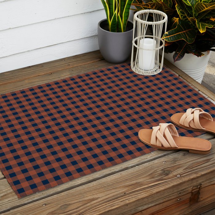 Gingham Check Dark Plaid Pattern in Navy Blue and Burnt Orange Outdoor Rug Gallery Image 2