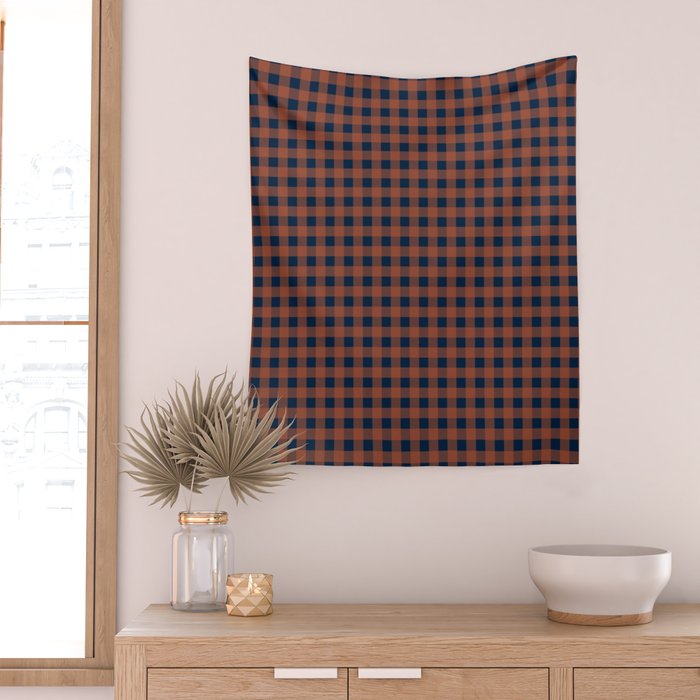 Gingham Check Dark Plaid Pattern in Navy Blue and Burnt Orange Wall Tapestry Gallery Image 2