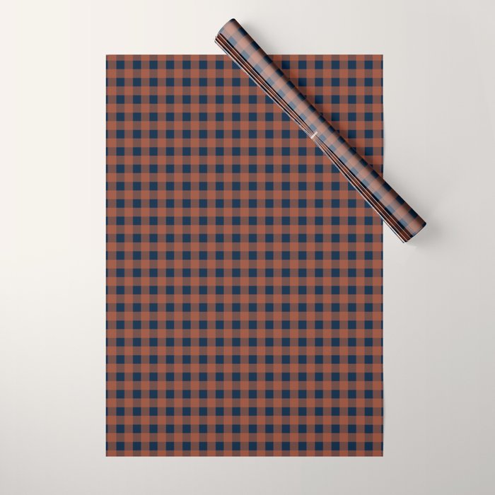 Gingham Check Dark Plaid Pattern in Navy Blue and Burnt Orange Wrapping Paper Gallery Image 1