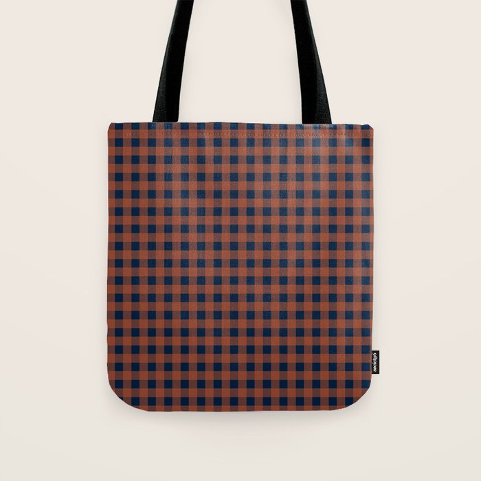 Gingham Check Dark Plaid Pattern in Navy Blue and Burnt Orange Tote Bag Gallery Image 1