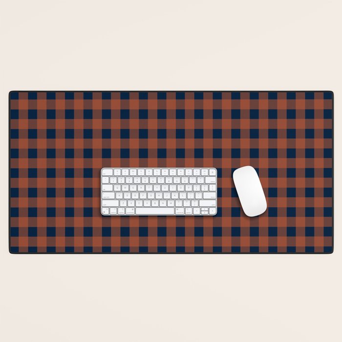 Gingham Check Dark Plaid Pattern in Navy Blue and Burnt Orange Desk Mat Gallery Image 1