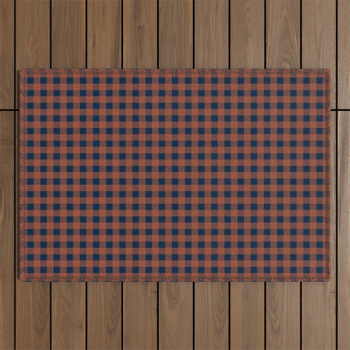 Gingham Check Dark Plaid Pattern in Navy Blue and Burnt Orange Outdoor Rug Gallery Image 1