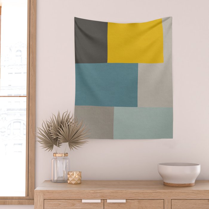 Teal Mustard Gray Modern Patchwork  Wall Tapestry Gallery Image 2