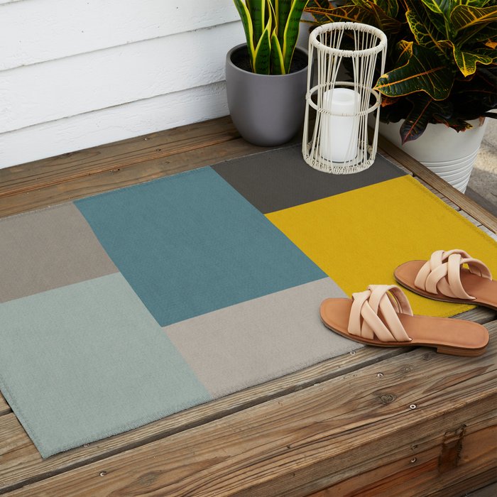 Teal Mustard Gray Modern Patchwork  Outdoor Rug Gallery Image 2
