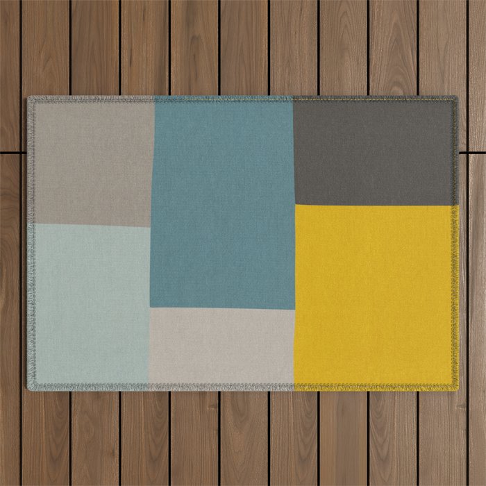 Teal Mustard Gray Modern Patchwork  Outdoor Rug Gallery Image 1