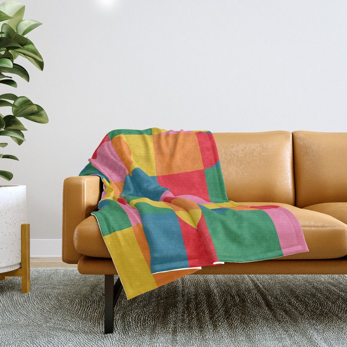 Colorful Mid Century Bauhaus Geometric Abstraction squares and half circles pattern bold colors Throw Blanket Gallery Image 1