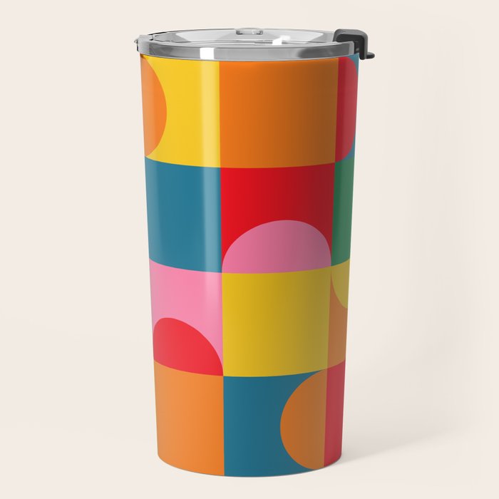 Colorful Mid Century Bauhaus Geometric Abstraction squares and half circles pattern bold colors Travel Mug Gallery Image 2