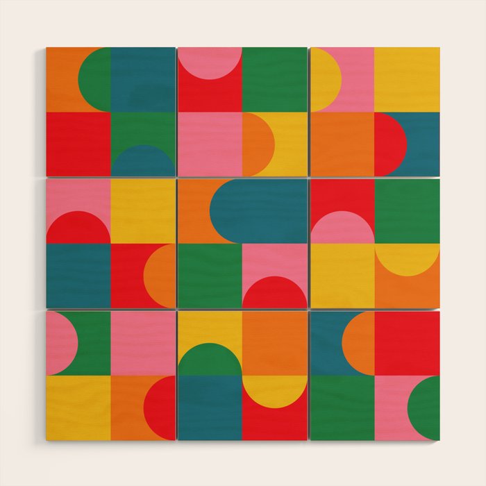 Colorful Mid Century Bauhaus Geometric Abstraction squares and half circles pattern bold colors Wood Wall Art Gallery Image 1