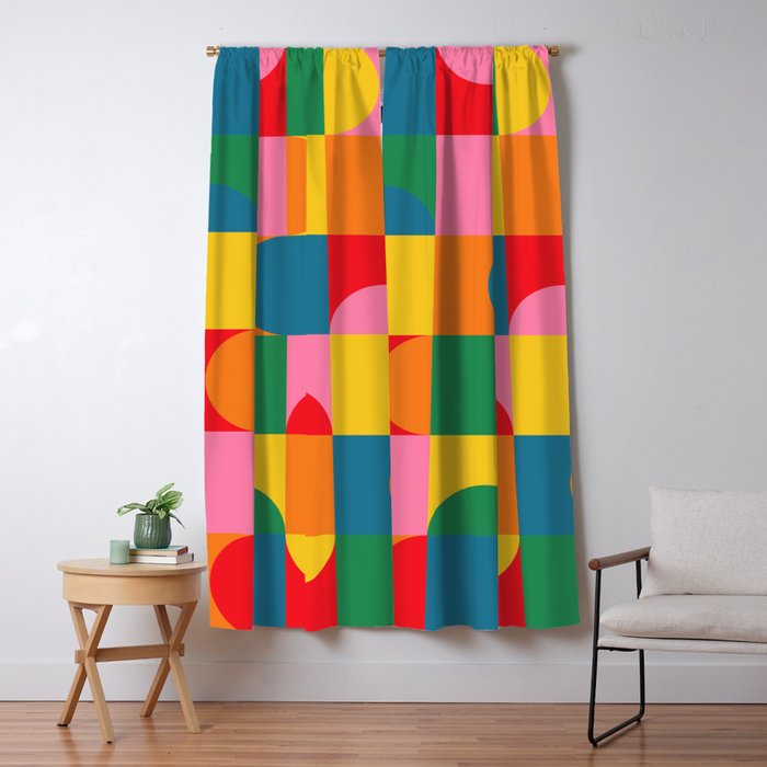Colorful Mid Century Bauhaus Geometric Abstraction squares and half circles pattern bold colors Window Curtain Gallery Image 5
