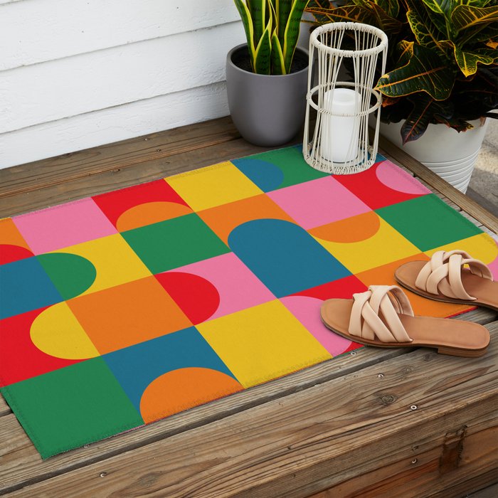 Colorful Mid Century Bauhaus Geometric Abstraction squares and half circles pattern bold colors Outdoor Rug Gallery Image 2